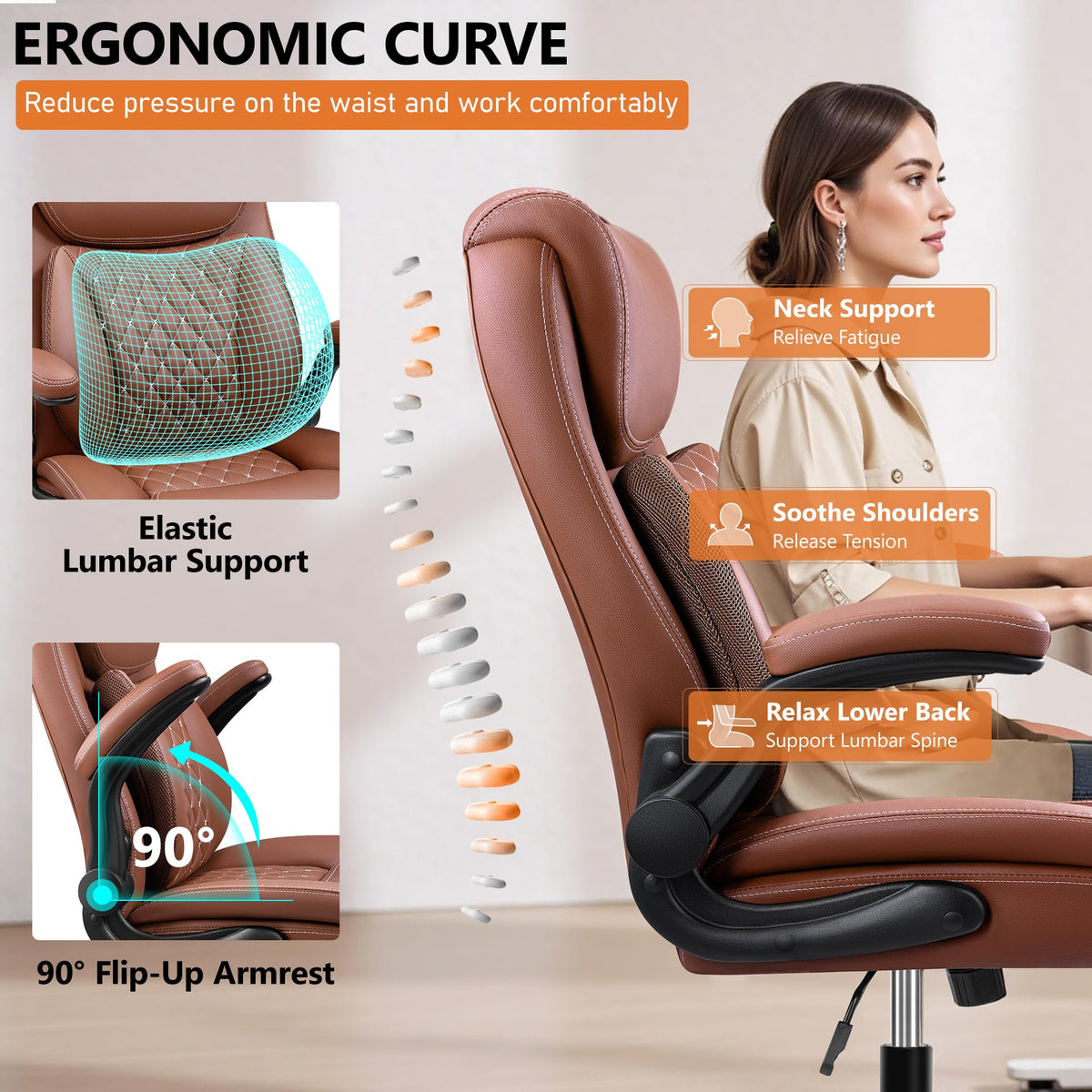 Brown Ergonomic Leather Office Chair with Lumbar Support J210734