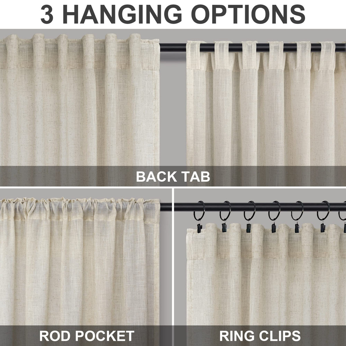 Flax Linen Beige Semi Sheer Curtains 108 Inch 2 Panels J7761