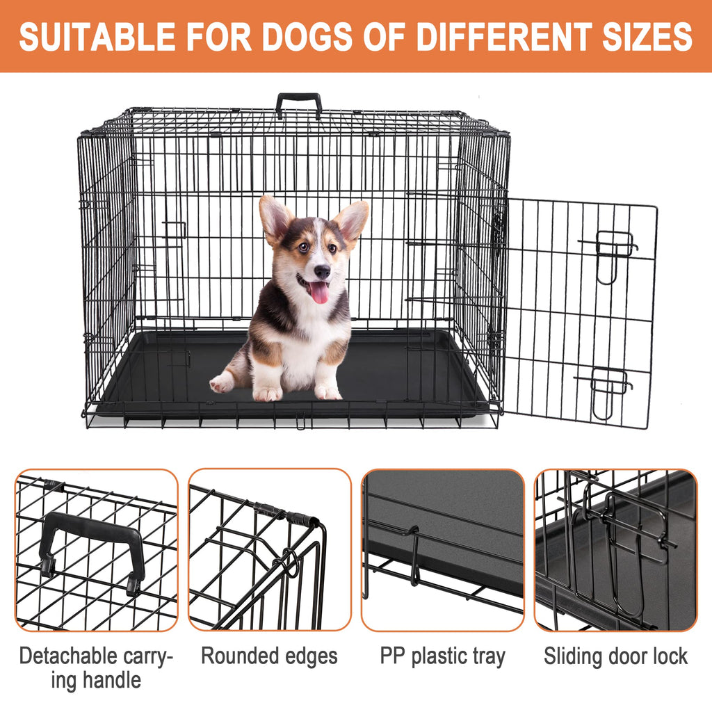 Double Door Folding Metal Wire Dog Crate with Tray V965914