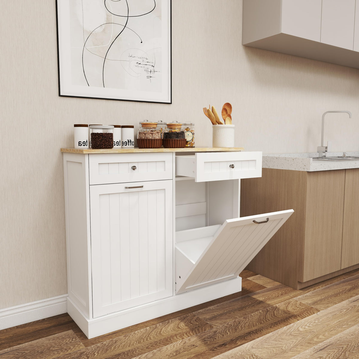 White Double Tilt Out Trash Cabinet with Drawers T409
