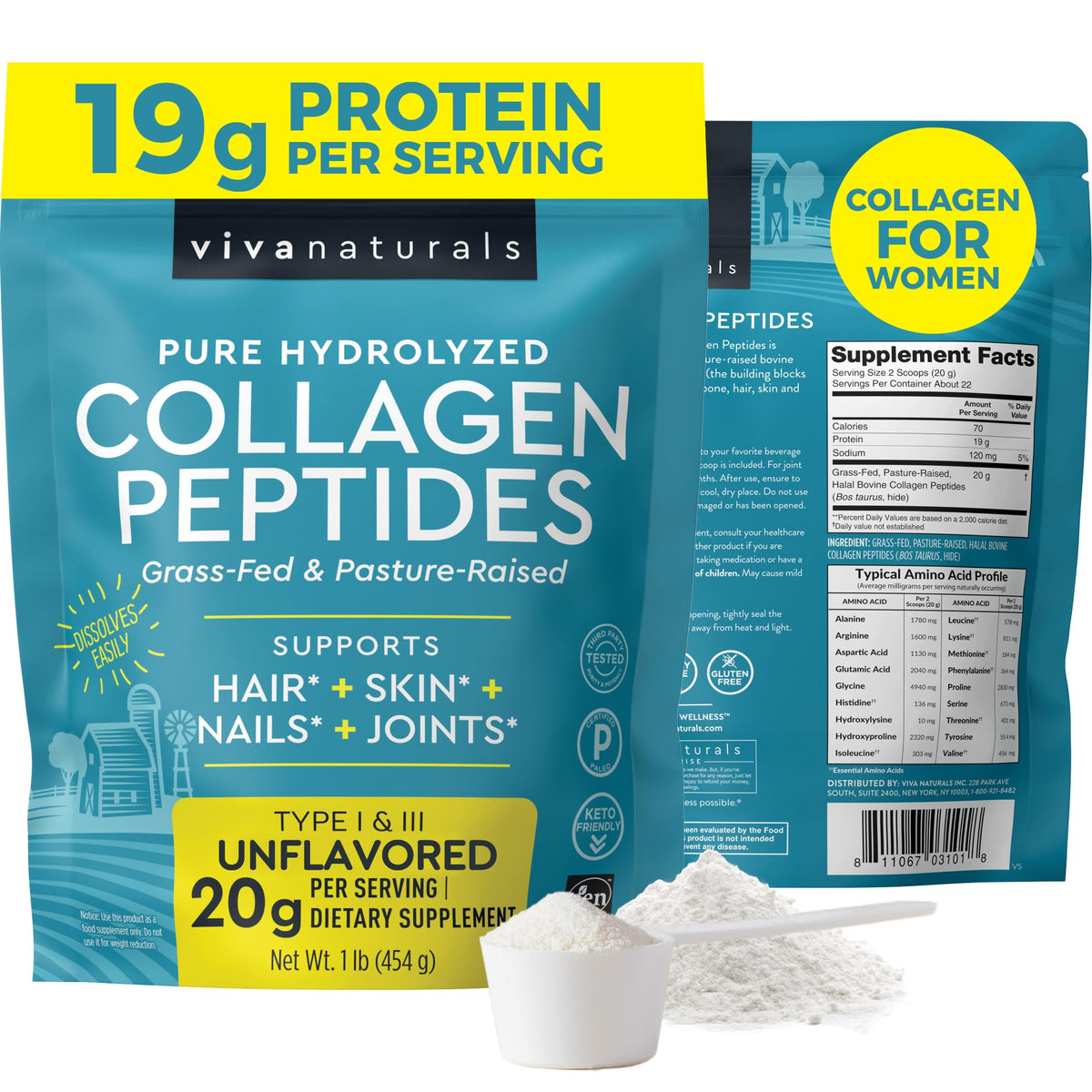Collagen Peptides Powder - Grass-Fed Hydrolyzed Bovine, Type I & III - 19 g Protein, Unflavored - 1lb X378265