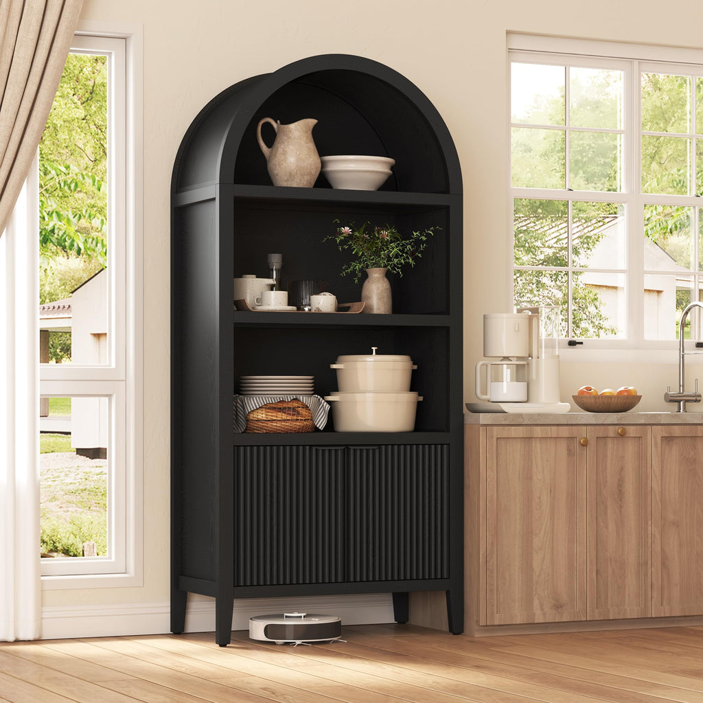 Black 5-Tier Arched Bookshelf with Fluted Doors O2142