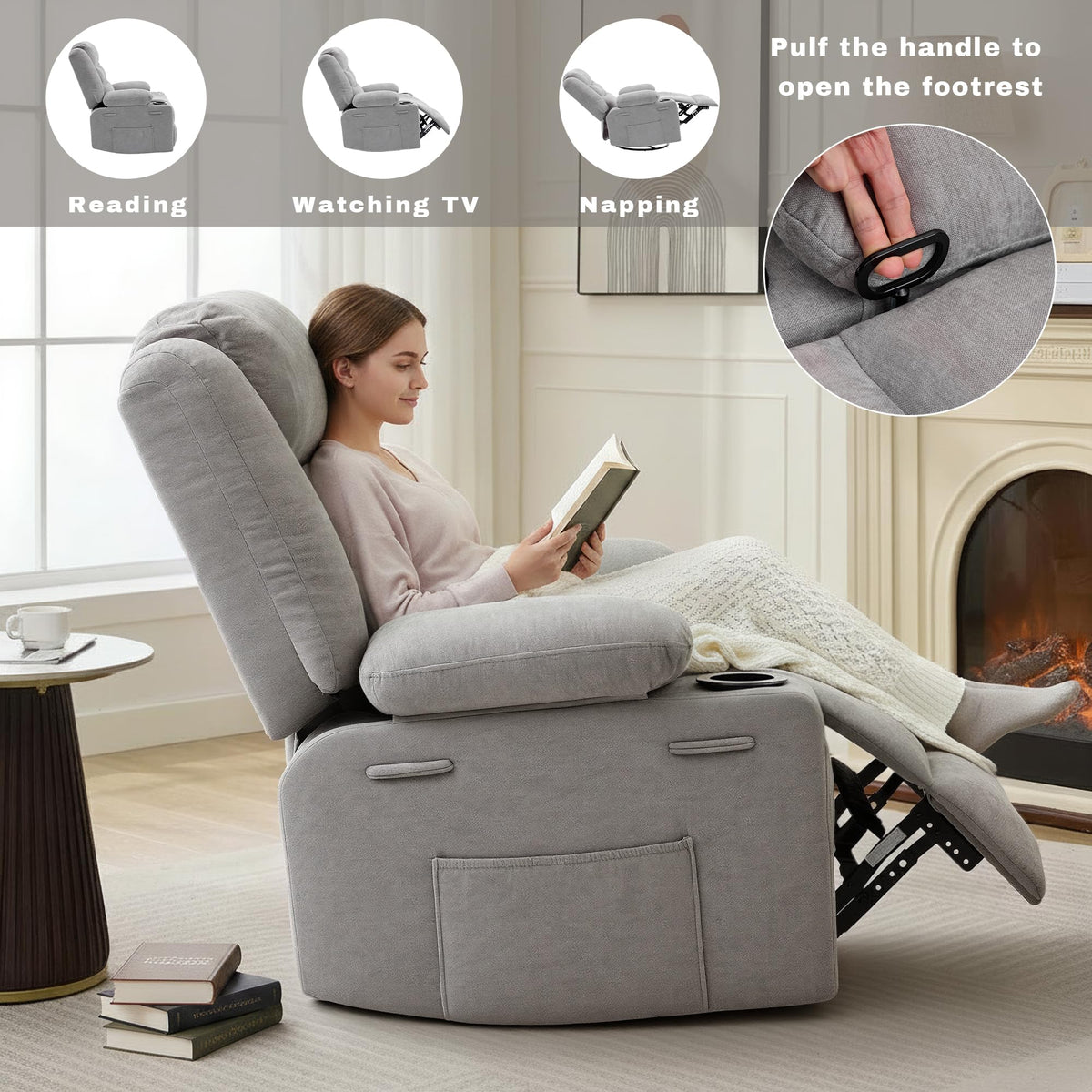Grey Chenille Swivel Rocker Recliner Chair J134