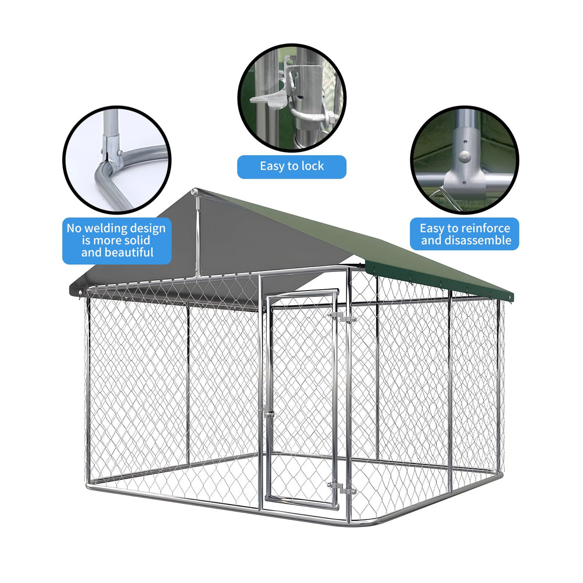 Large Outdoor Dog Kennel with Roof, Heavy Duty Galvanized Steel, 10'x10' Lockable P148