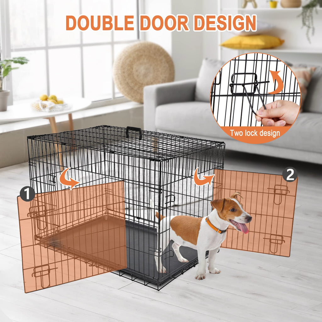 Double Door Folding Metal Wire Dog Crate with Tray V965914