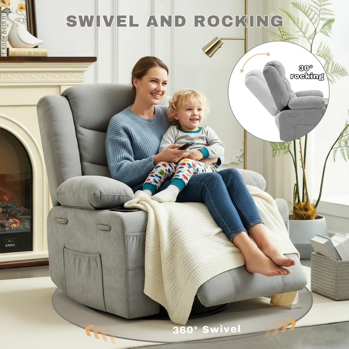 Grey Chenille Swivel Rocker Recliner Chair J134