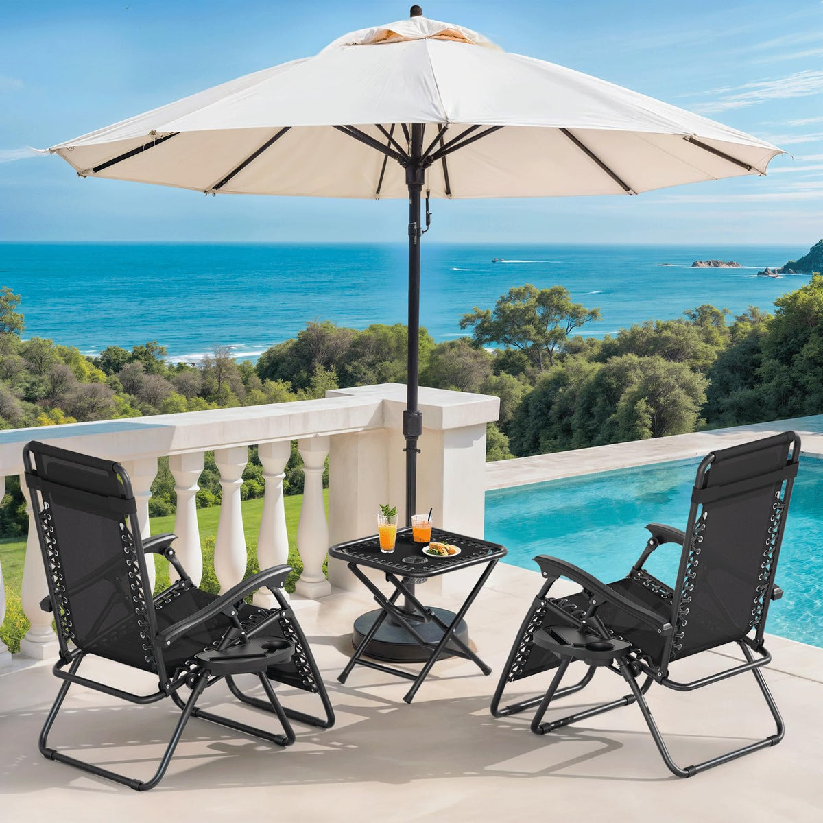 Black Set of 2 Folding Zero Gravity Chairs with Side Table X143885