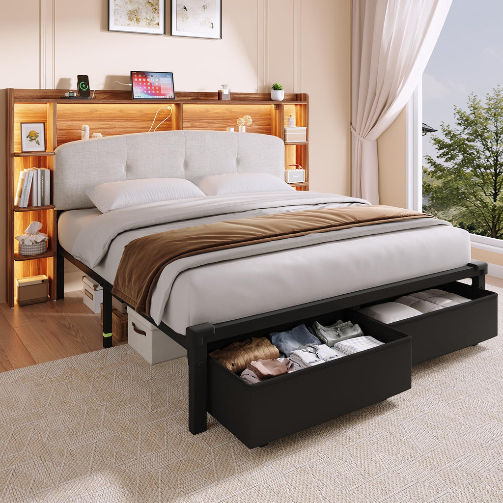 Queen Size Storage Bed Frame with Upholstered Headboard D9414