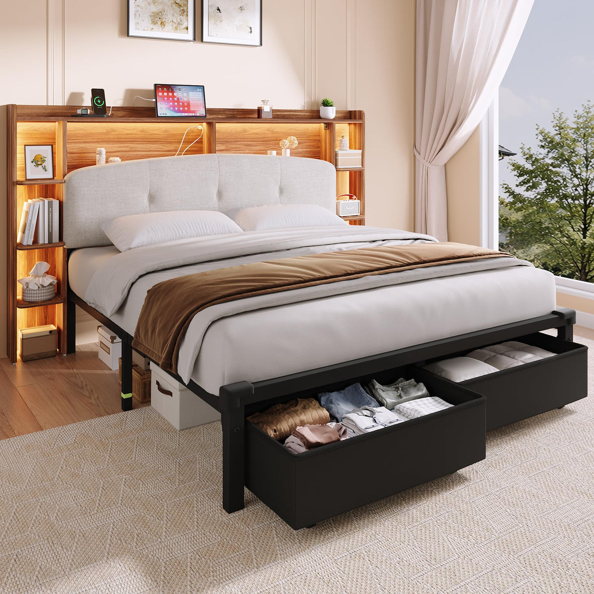 Queen Size Storage Bed Frame with Upholstered Headboard D9414
