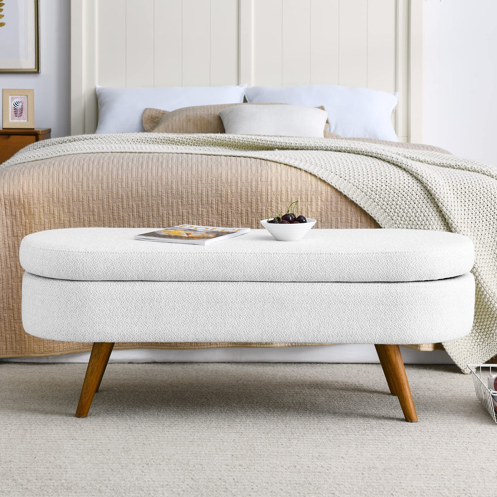 White Oval Storage Bench with Rubber Wood Legs Q69330