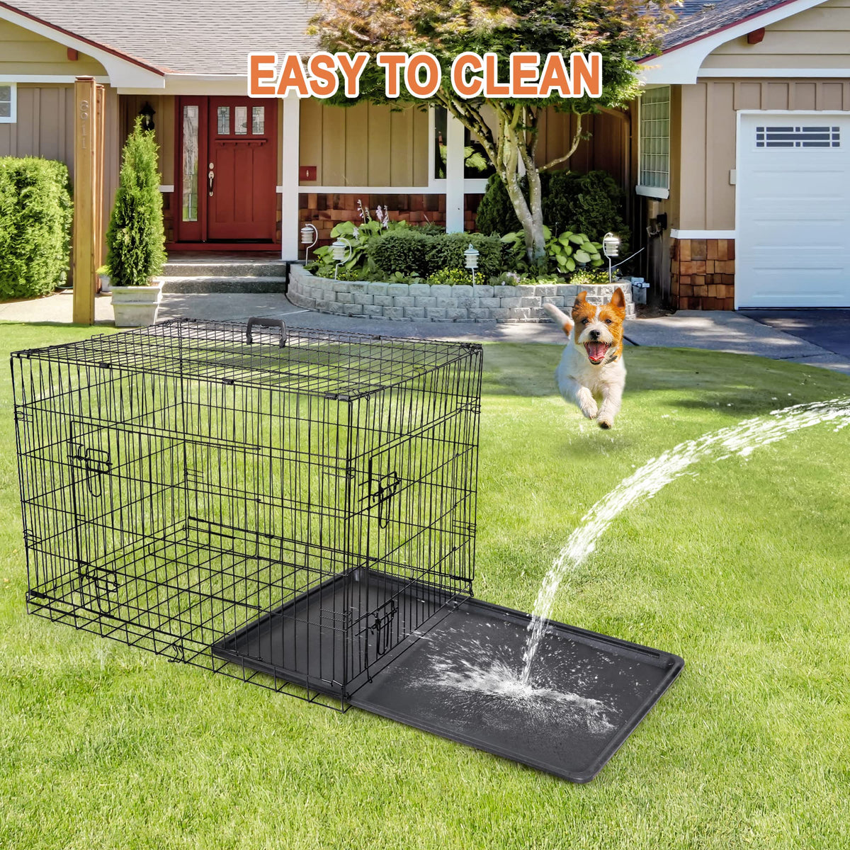 Double Door Folding Metal Wire Dog Crate with Tray V965914