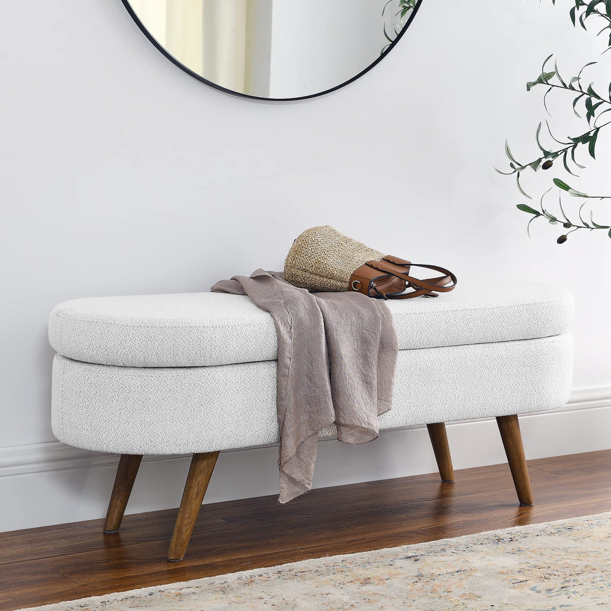 White Oval Storage Bench with Rubber Wood Legs Q69330