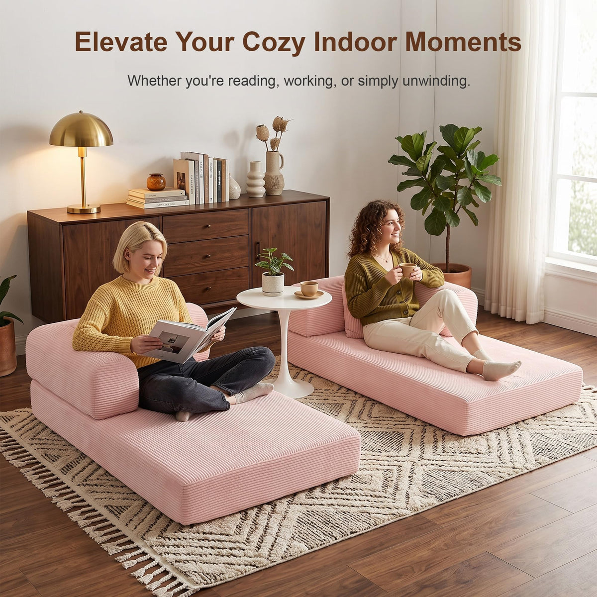 Pink Convertible Futon Sofa Bed with 3 Pillows Y459602