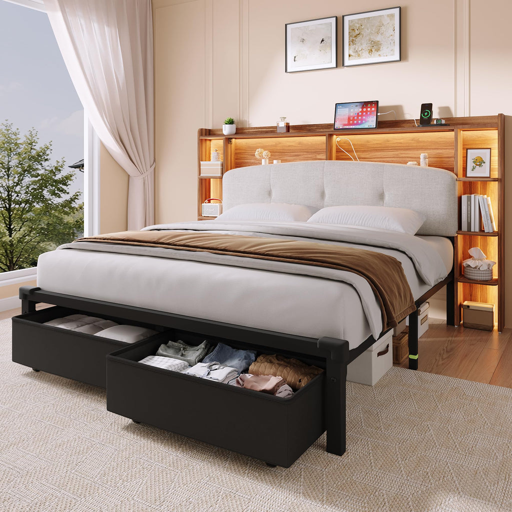 Queen Size Storage Bed Frame with Upholstered Headboard D9414