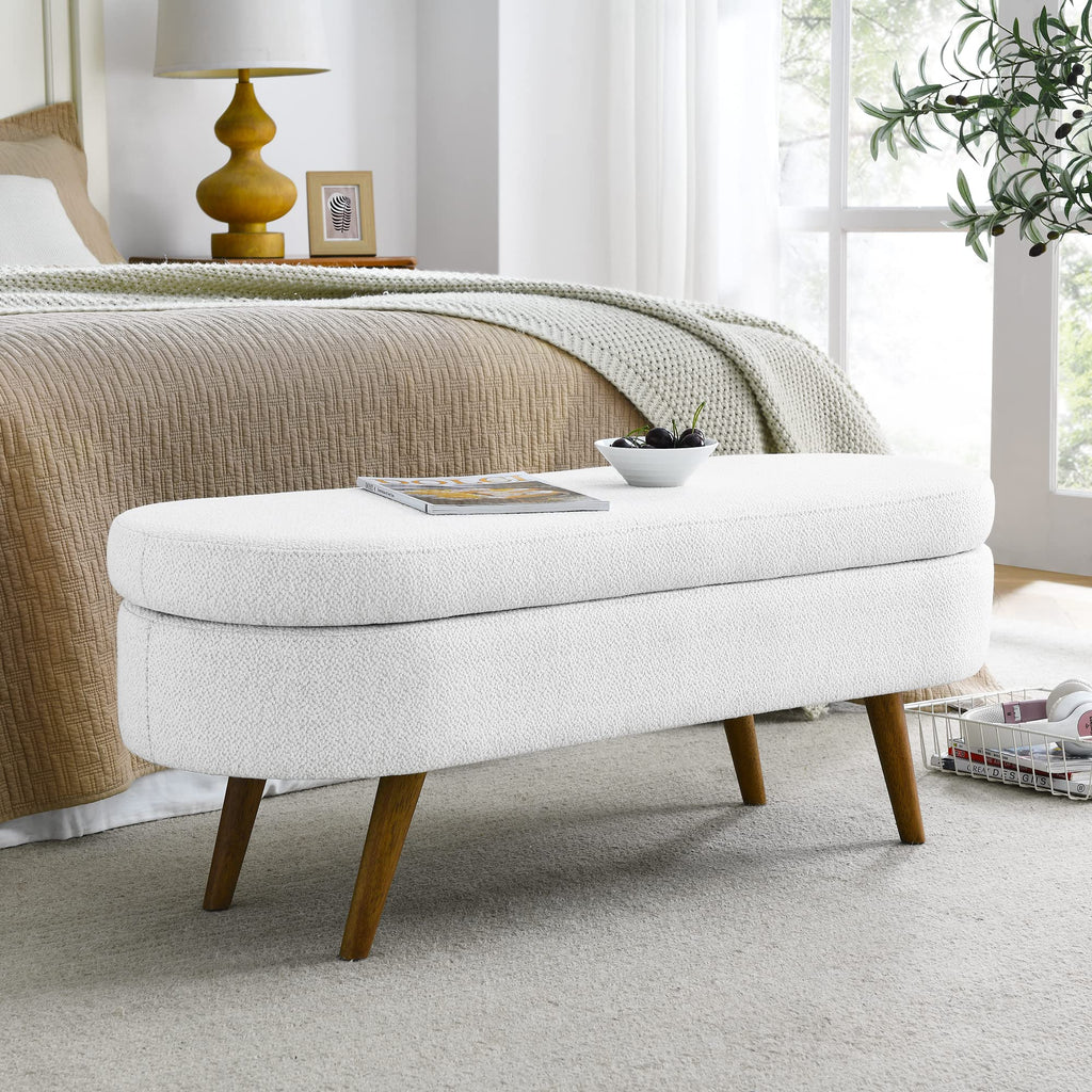 White Oval Storage Bench with Rubber Wood Legs Q69330