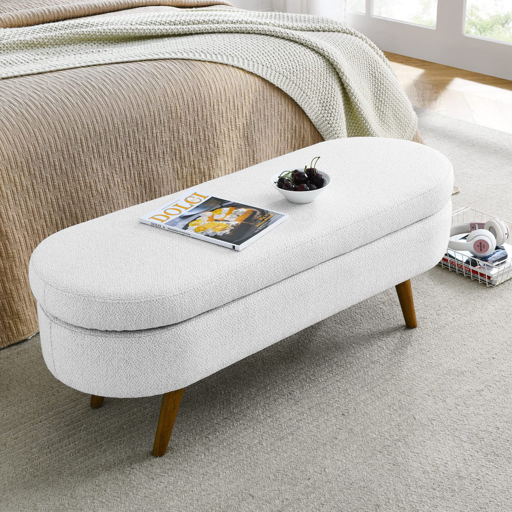 White Oval Storage Bench with Rubber Wood Legs Q69330