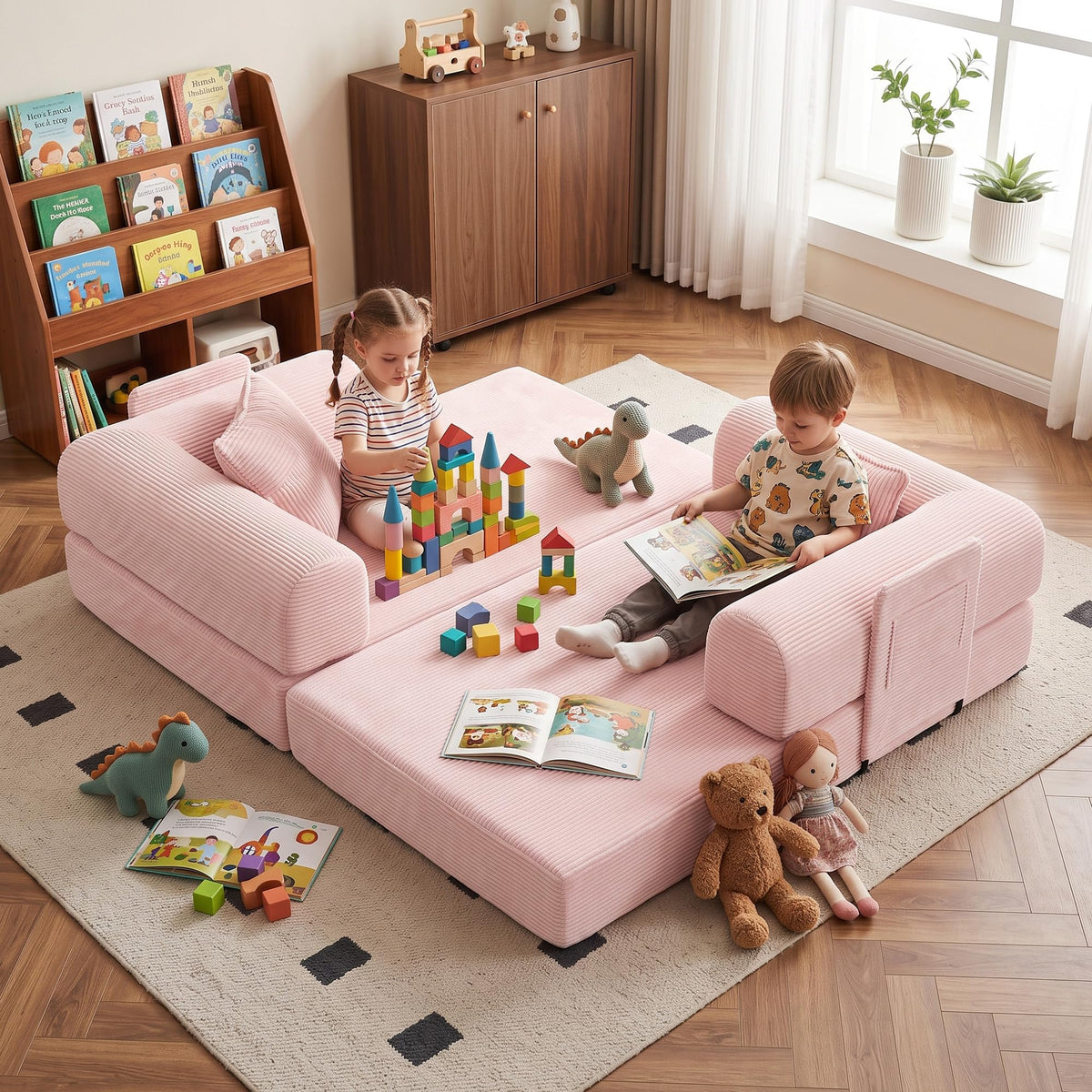 Pink Convertible Futon Sofa Bed with 3 Pillows Y459602